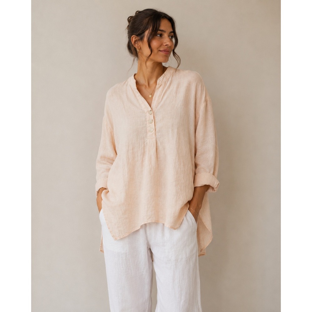 XCVI Womens Peach 100% Linen High-Low Henley Tunic Top Size Medium Boho Coastal